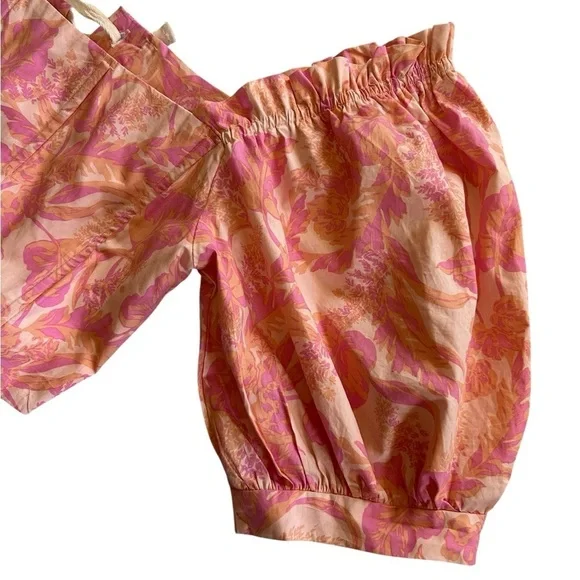 Karlie Floral Poplin Puff Sleeve Tie Back Corset Off Shoulder Crop Top Size L - Picture 7 of 11